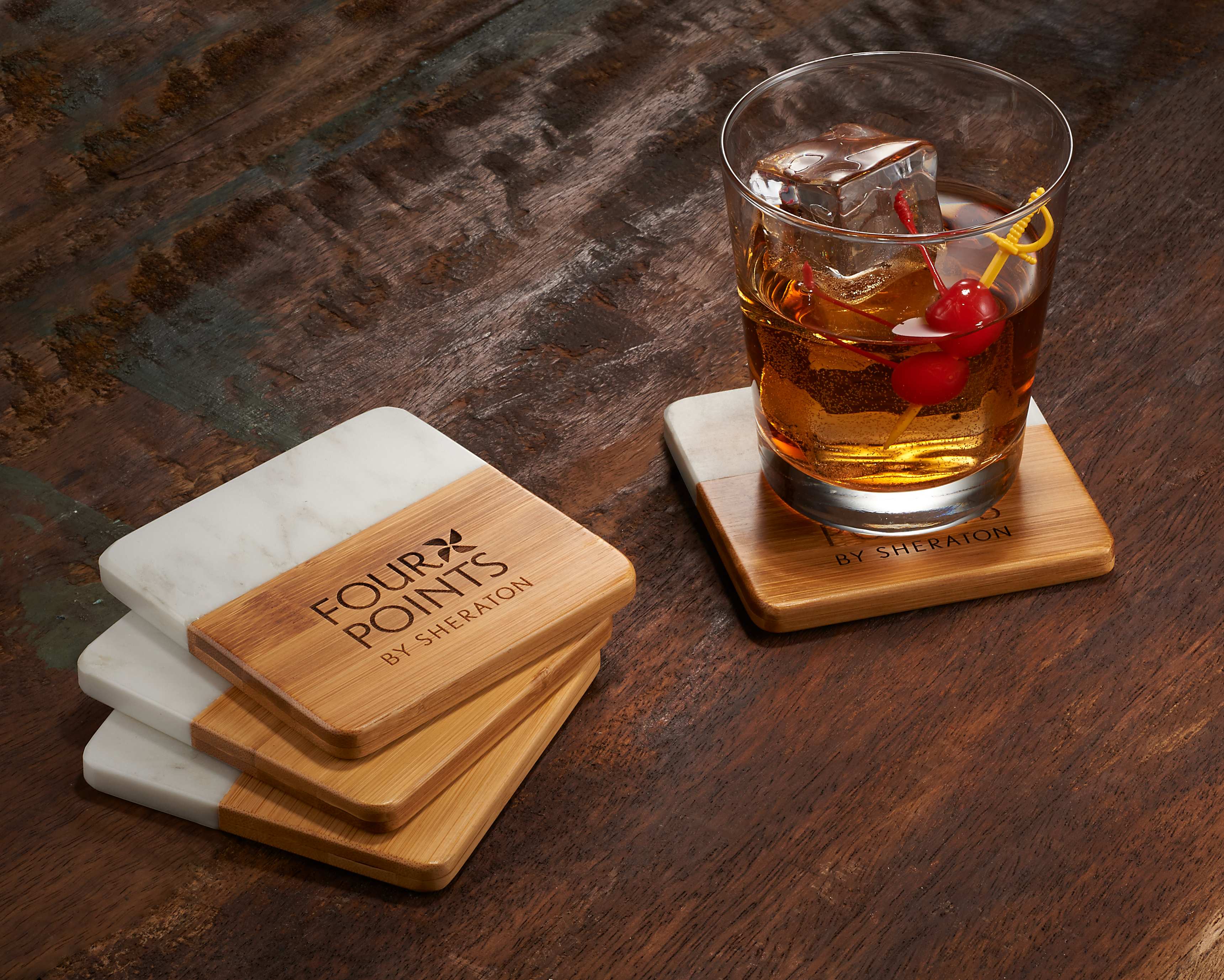 Engraved Bamboo and Marble Coaster Set